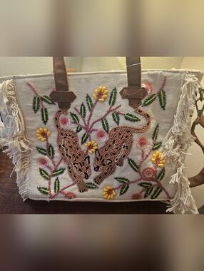 Embroidered Beige Canvas Tote with Leopard Motif Beads, Fringes And Brown Strap